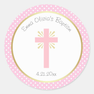 Sticker Rond Baptême à points rose Polka avec frontière croisée