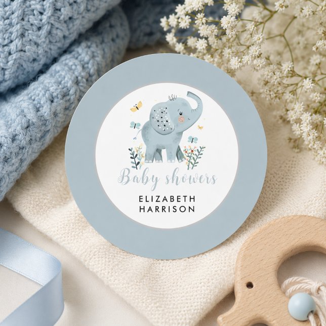 Sticker Rond Baptême Adorable Éléphant Bleu pour Petit Garçon (Adorable Elephant Blue Baby Boy Shower Classic Round Sticker)