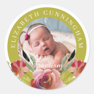 Sticker Rond Baptême   Aquarelle Florale et Foliage