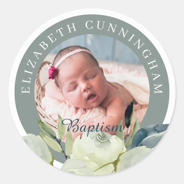 Sticker Rond Baptême | Aquarelle Florale et Foliage (Devant)