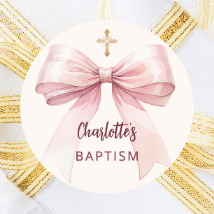 Sticker Rond Baptême arc rose fille croix crème pêche