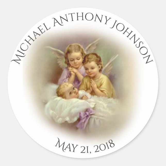 Sticker Rond Baptême Baby Boy or Girl angels prier (Devant)