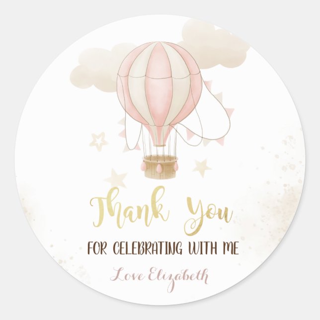Sticker Rond Baptême Bébé Fille Montgolfière Rose Nuages (Devant)