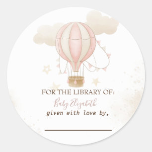 Sticker Rond Baptême Bébé Fille Montgolfière Rose Nuages