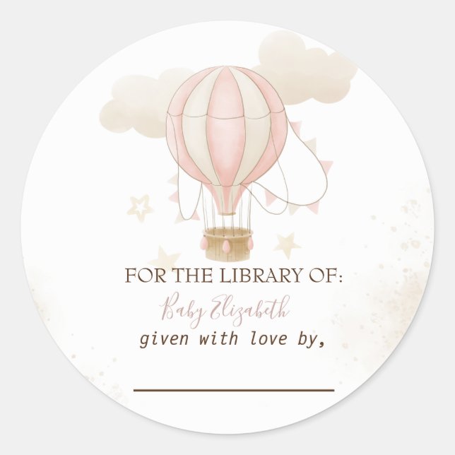 Sticker Rond Baptême Bébé Fille Montgolfière Rose Nuages (Devant)