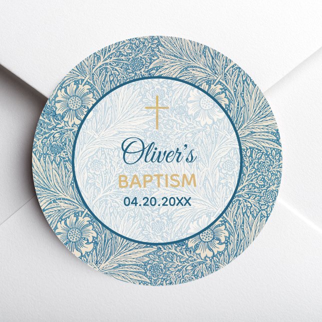 Sticker Rond Baptême Bleu Floral Marigold William Morris (Créateur téléchargé)