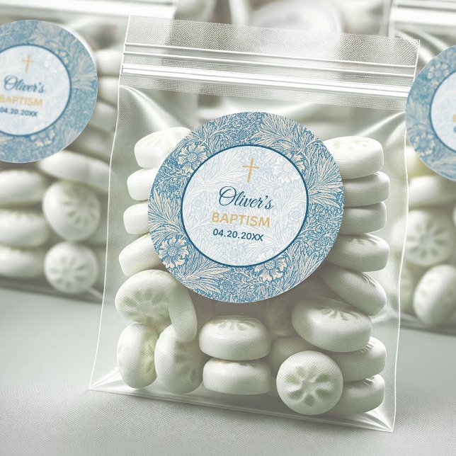 Sticker Rond Baptême Bleu Floral Marigold William Morris (Créateur téléchargé)