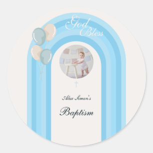 Sticker Rond Baptême bleu moderne avec photo personnalisée