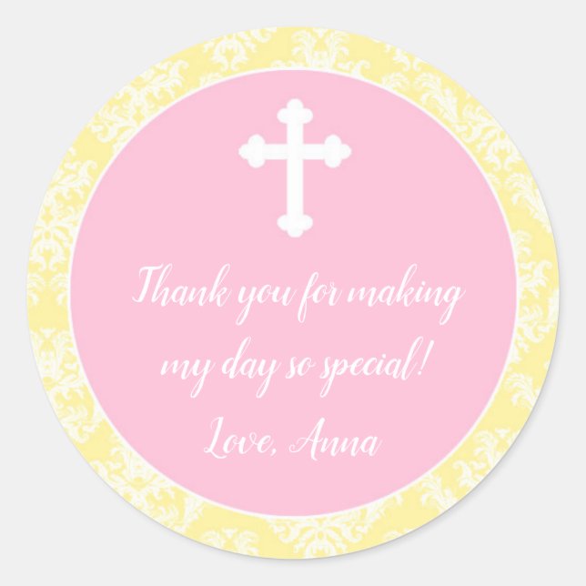 Sticker Rond Baptême Christening Pink Yellow Cadeau Favoriser É (Devant)