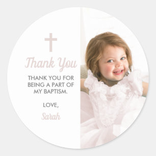 Sticker Rond Baptême Christening Religieux Rose Girl Photo