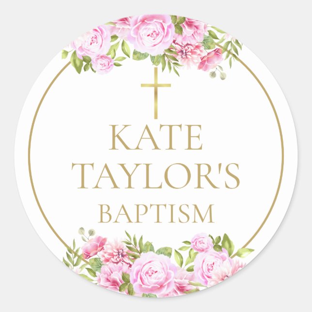Sticker Rond Baptême Christening Rose Rose Fleur Faveur (Devant)