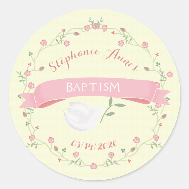 Sticker Rond Baptême couronne rose florale (Devant)