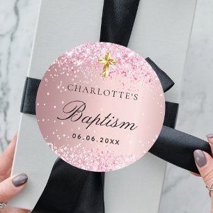 Sticker Rond Baptême croix d'or rose rousse fille