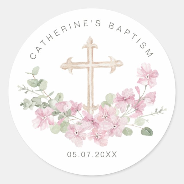 Sticker Rond Baptême Croix Florale Eucalyptus Rose (Devant)