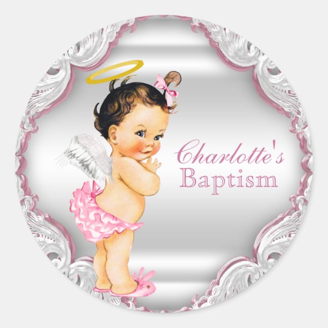 Sticker Rond Baptême d'ange de filles Christening (Devant)