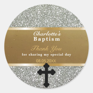 Sticker Rond Baptême de bébé Favoriser   Merci Elegant Gold Sil