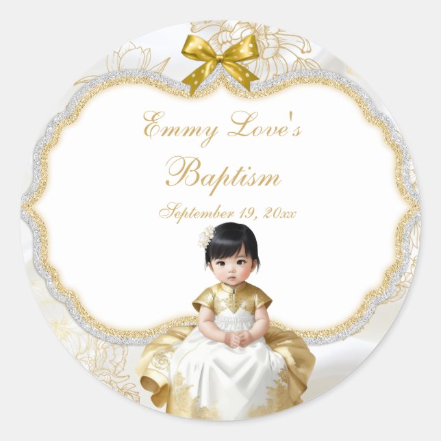 Sticker Rond Baptême de bébé fille Christening Blanc & Or (Devant)