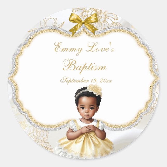 Sticker Rond Baptême de bébé fille Christening Blanc & Or (Devant)