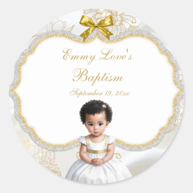 Sticker Rond Baptême de bébé fille Christening Blanc & Or (Devant)