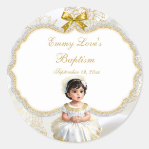 Sticker Rond Baptême de bébé fille Christening Blanc & Or