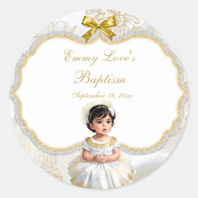 Sticker Rond Baptême de bébé fille Christening Blanc & Or (Devant)