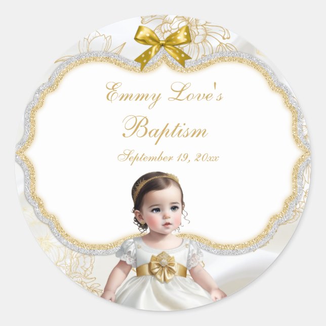Sticker Rond Baptême de bébé fille Christening Blanc & Or (Devant)