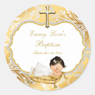 Sticker Rond Baptême de bébé fille Croix en or