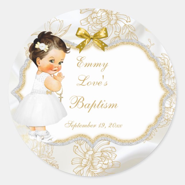 Sticker Rond Baptême de bébé fille Croix en or (Devant)