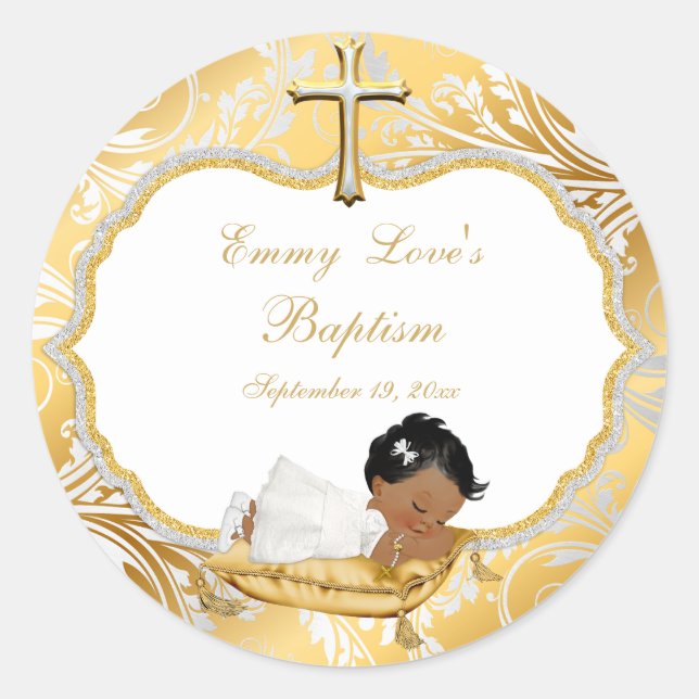 Sticker Rond Baptême de bébé fille de couleur or croix (Devant)
