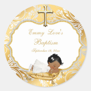 Sticker Rond Baptême de bébé fille de couleur or croix