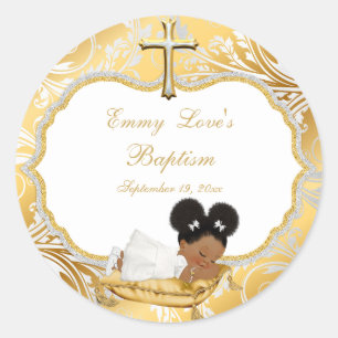 Sticker Rond Baptême de bébé fille de couleur or croix