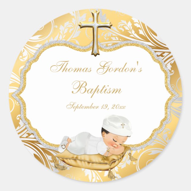 Sticker Rond Baptême de bébé garçon croix en or (Devant)