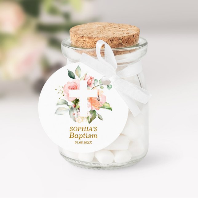 Sticker Rond Baptême de fille rose pâle et de croix blanche (Créateur téléchargé)