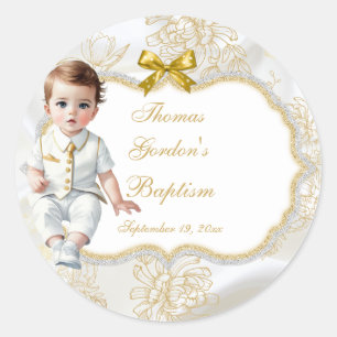 Sticker Rond Baptême de garçon, communion blanc et or