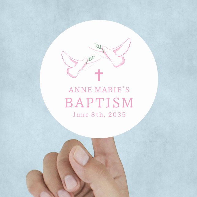 Sticker Rond Baptême de la fille rose de la colombe (Dove Pink Girl Baptism Classic Round Sticker
)