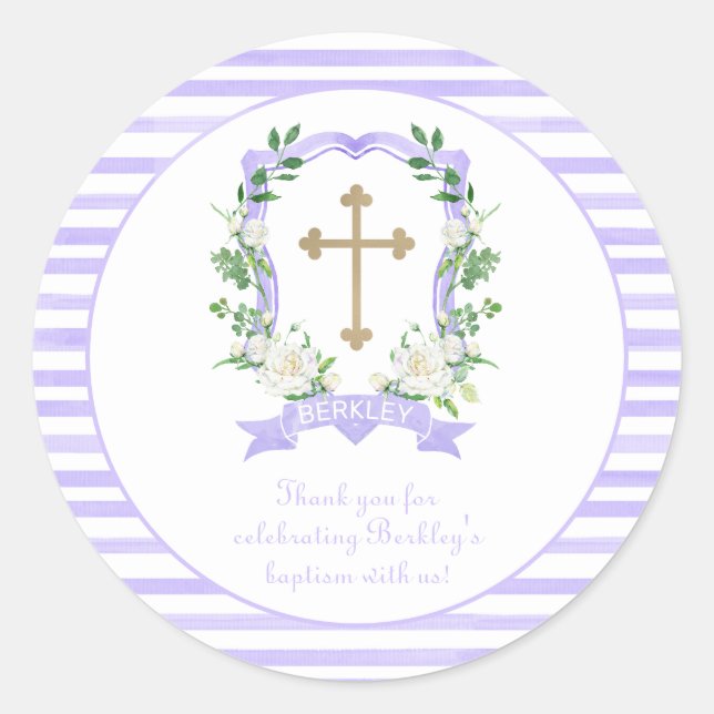Sticker Rond Baptême de Merci floral pourpre (Devant)