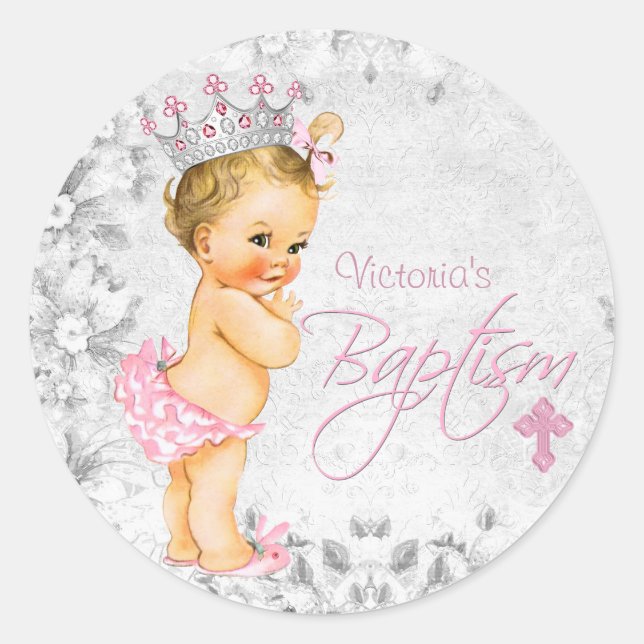 Sticker Rond Baptême de princesse rose et gris (Devant)