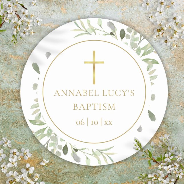 Sticker Rond Baptême de verdure à l'aquarelle (Watercolor Greenery Baptism Christening Classic Round Sticker)