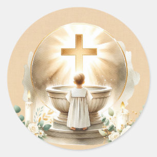 Sticker Rond Baptême dorée Bébé Garçon Christening Baptême