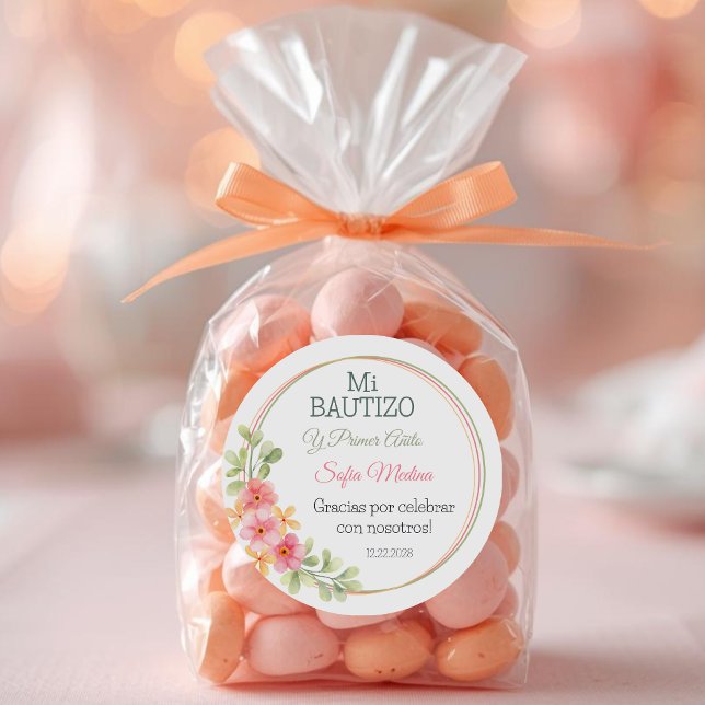 Sticker Rond Baptême élégant et Fleurs roses de premier anniver (Créateur téléchargé)