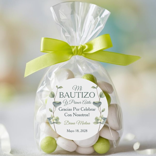 Sticker Rond Baptême élégant et premiers Feuilles verts (Créateur téléchargé)