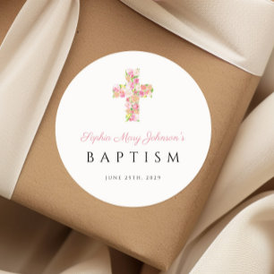 Sticker Rond Baptême élégant religieux croix florale rose