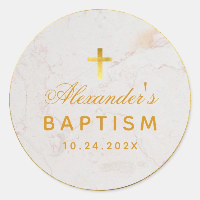 Sticker Rond Baptême Élégant Script Faux Gold Foil Cross Marbre (Devant)