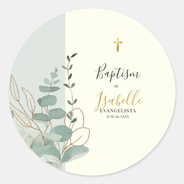 Sticker Rond Baptême élégant vert sauge or eucalyptus (Devant)