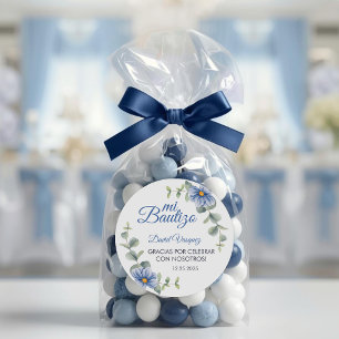 Sticker Rond Baptême Espagnol Bautismo Vert Feuille Fleurs Bleu