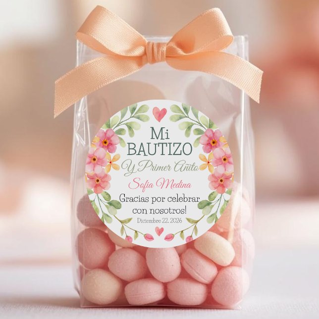 Sticker Rond Baptême et première année Aquarelle rose Fleurs (Créateur téléchargé)