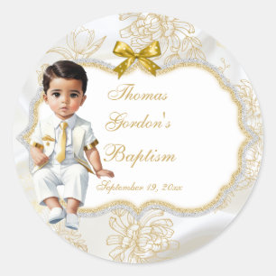 Sticker Rond Baptême Ethnique Garçon Communion Blanc & Or