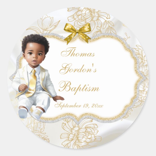 Sticker Rond Baptême ethnique garçon Communion Blanc & Or (Devant)