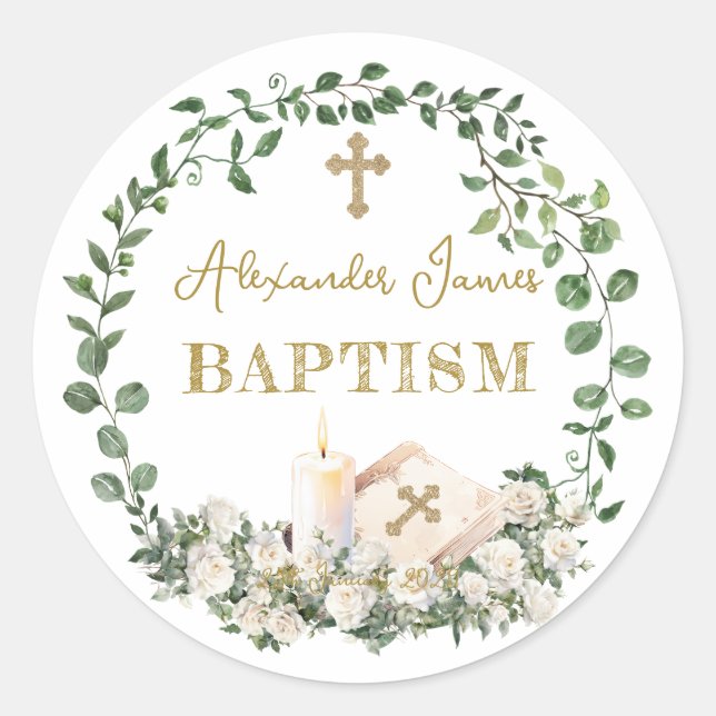 Sticker Rond Baptême Eucalyptus Roses Croix  (Devant)