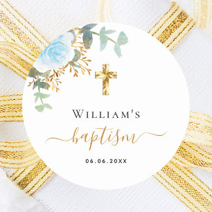 Sticker Rond Baptême eucalyptus vert bleu garçon fleuri